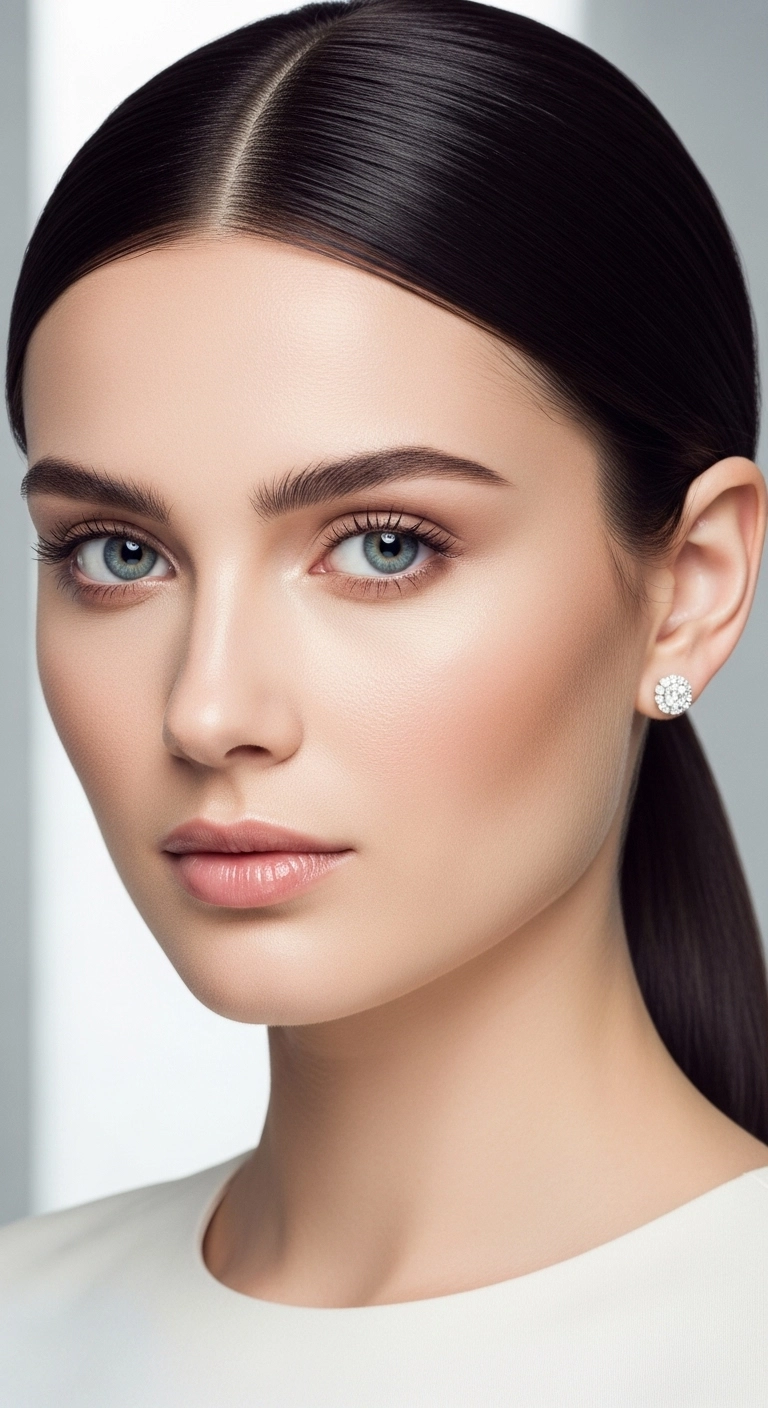 A close-up beauty shot of a woman with porcelain skin and deep cacao-colored dark brown hair.