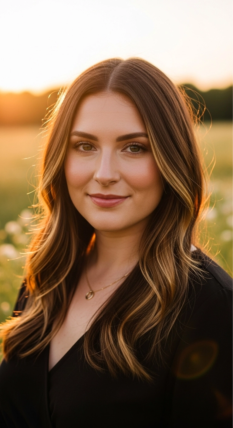 A woman with pale skin and long chestnut brown hair with face-framing babylights in a field.