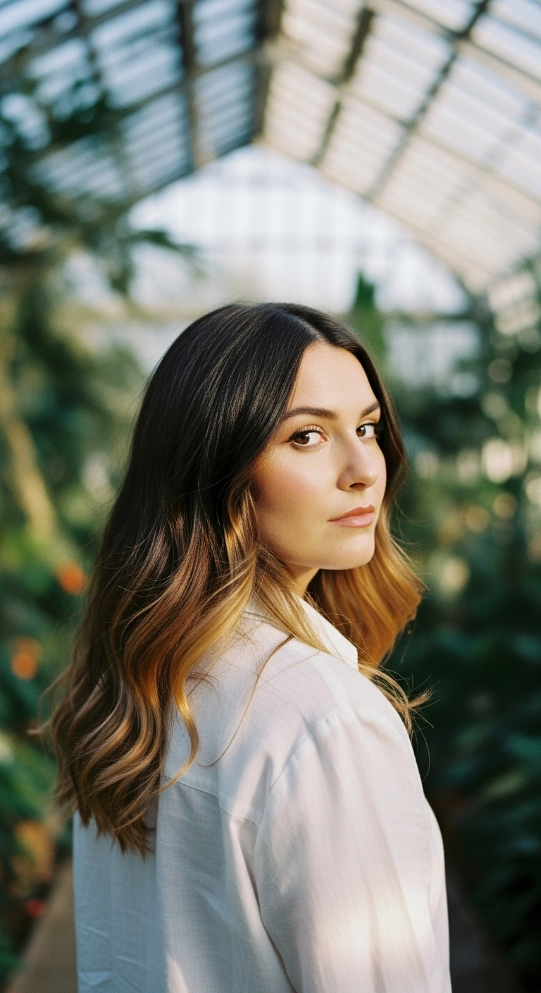 A woman with pale skin and long dark brown hair featuring a subtle caramel balayage in a greenhouse.