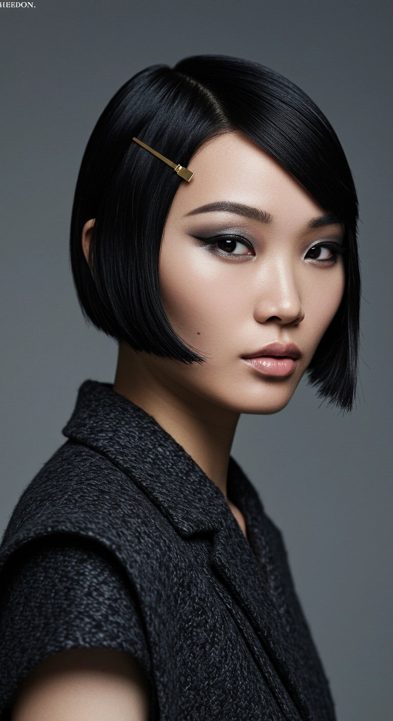 A woman with sleek, straight black hair in a half up style secured by a minimalist gold clip.