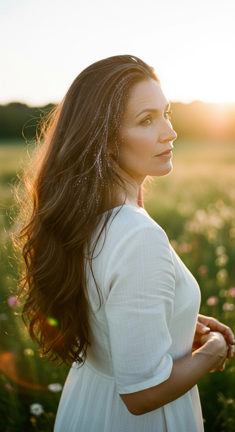 A woman with long brown waves dusted with fine silver highlights.