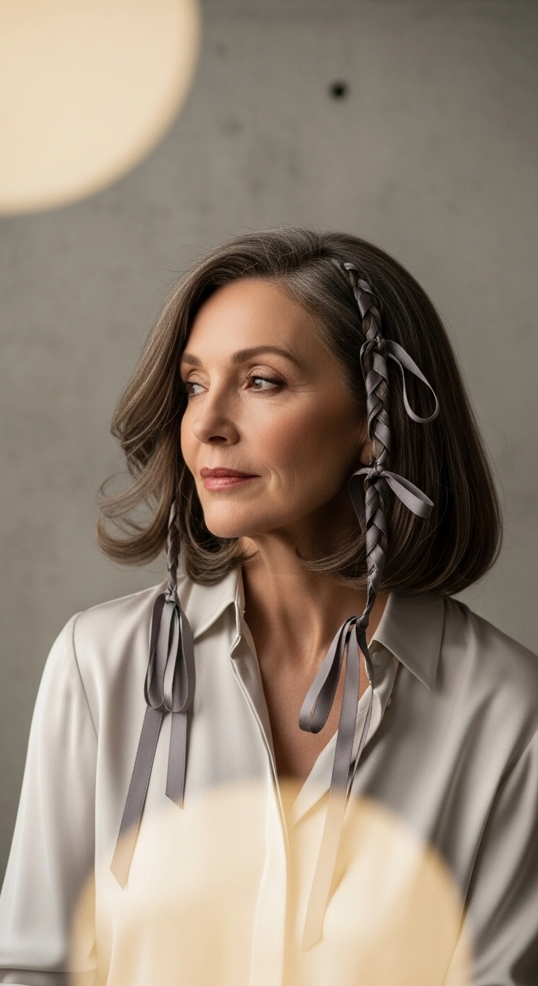 A woman with an ash brown long bob and pewter gray ribbon highlights.