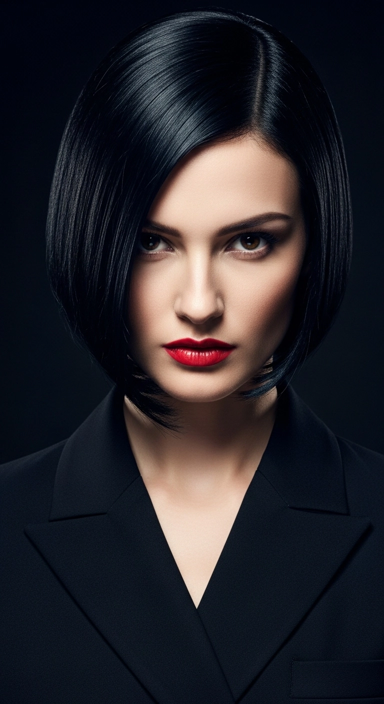 A high-fashion portrait of a woman with a jet black bob, red lips, and intense brown eyes.
