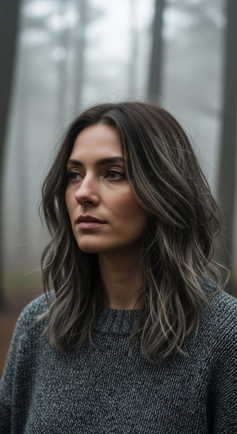 A woman with a cool-toned, earthy mushroom brown layered haircut in a misty forest.