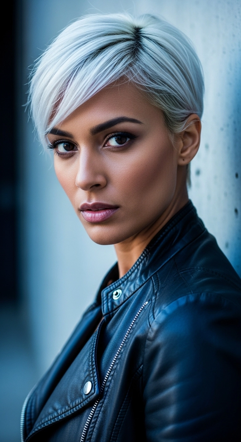 An edgy portrait of a woman with deep brown eyes and an icy platinum blonde pixie cut.