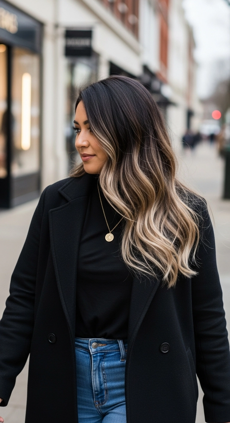A woman with olive skin showing off her beautiful mocha melt hair color.