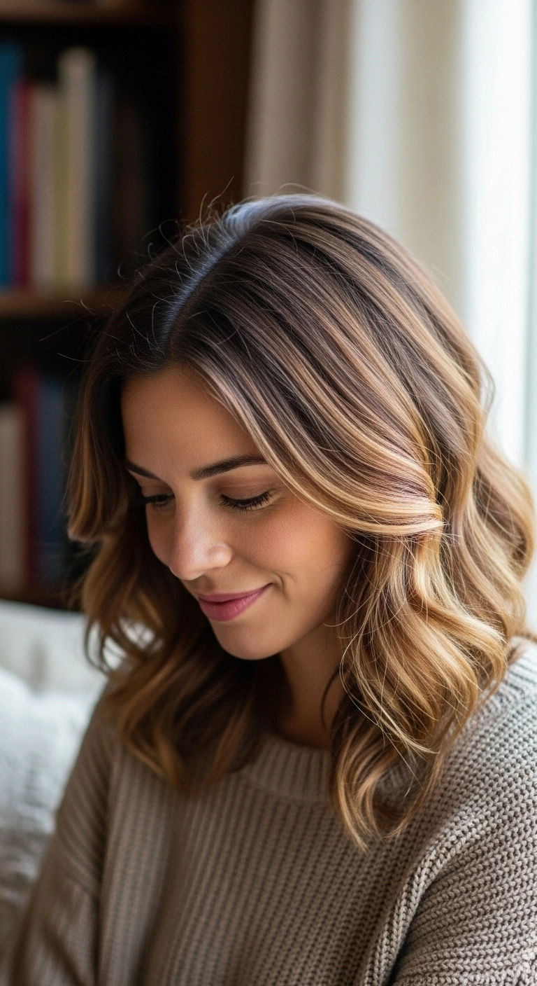 A woman with olive skin and trendy bronde hair color.