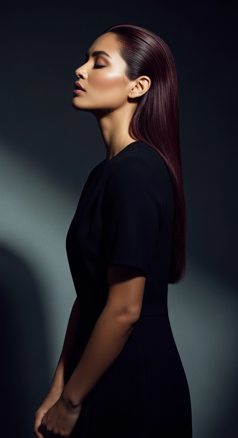 A woman with deep olive skin and sleek, dark burgundy hair.