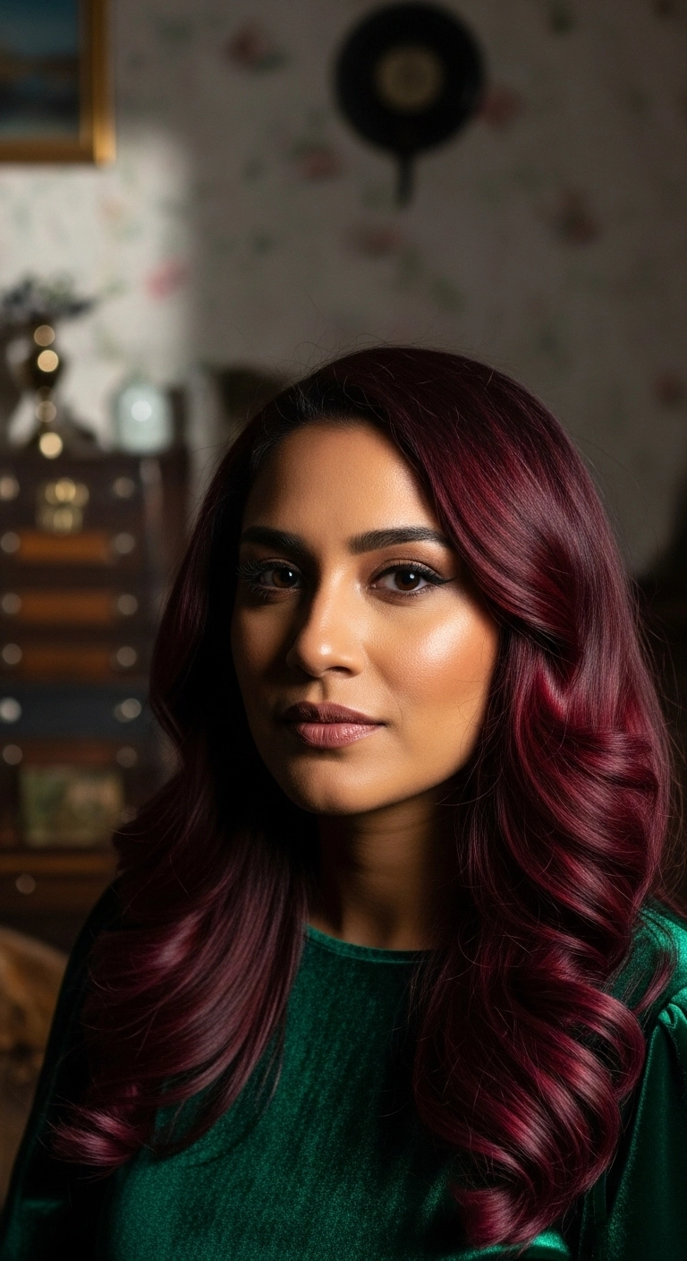 A woman with deep olive skin and luxurious mahogany red curly hair.