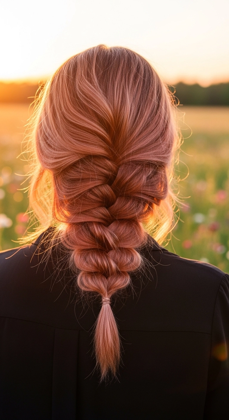 A back view of a woman with olive skin showing off her strawberry blonde braided hair.
