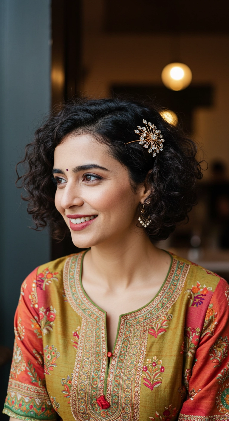 A woman with short curly hair smiles, with one side elegantly pinned back with a decorative clip.