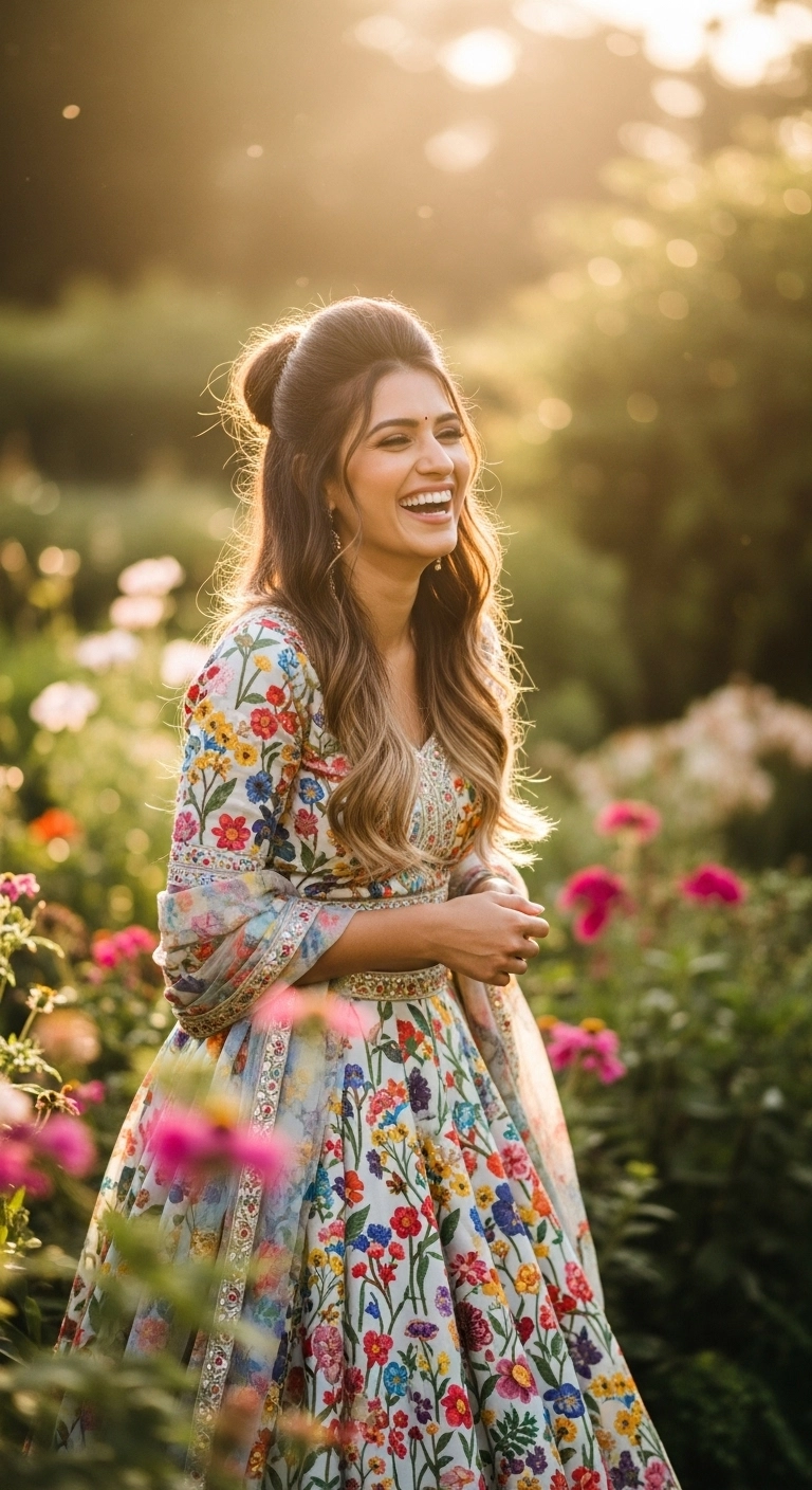 A joyful woman in a garden with a half-up half-down hairstyle featuring a stylish puff at the crown.