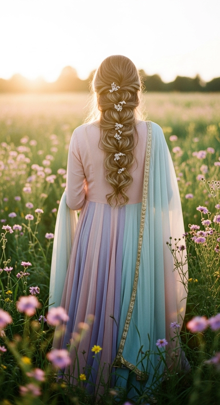A woman in a field of wildflowers with a beautiful waterfall braid flowing into her curly hair.