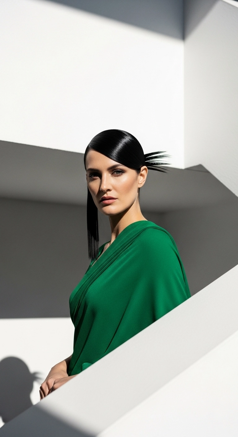 A woman exuding confidence with a sleek side-parted bun, wearing a minimalist emerald green saree.