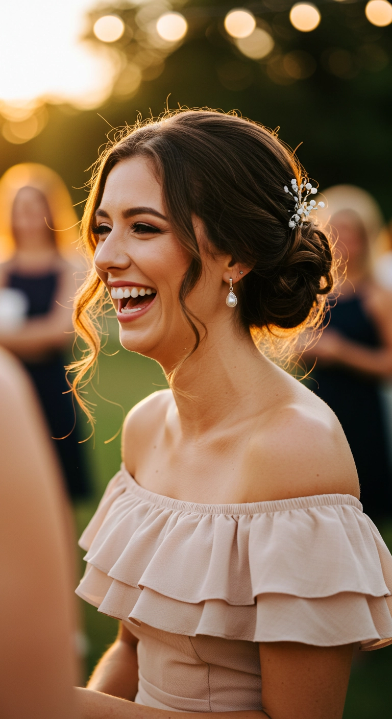 A woman with a romantic updo with face-framing tendrils, wearing an off-the-shoulder dress.