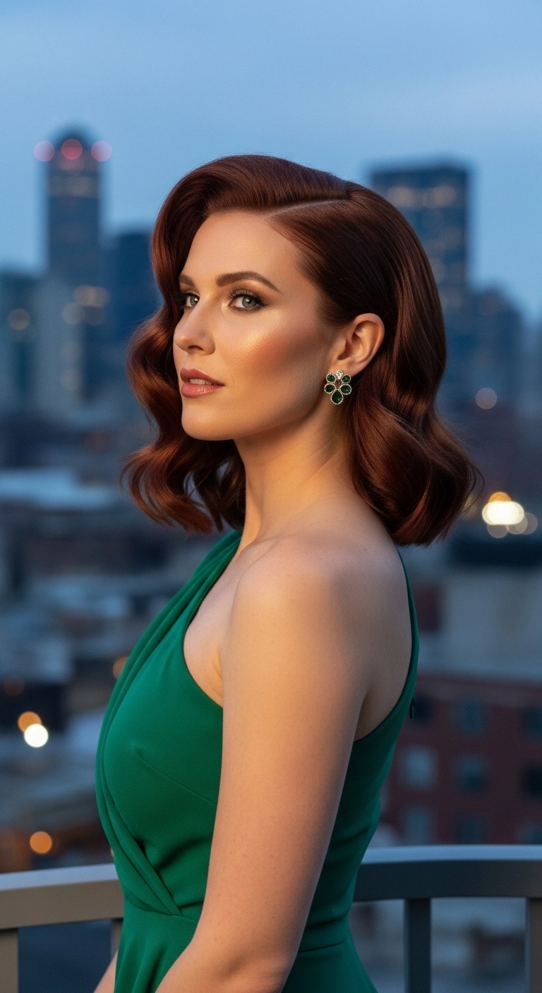 A woman with auburn, shoulder-length wavy hair and a deep side part.