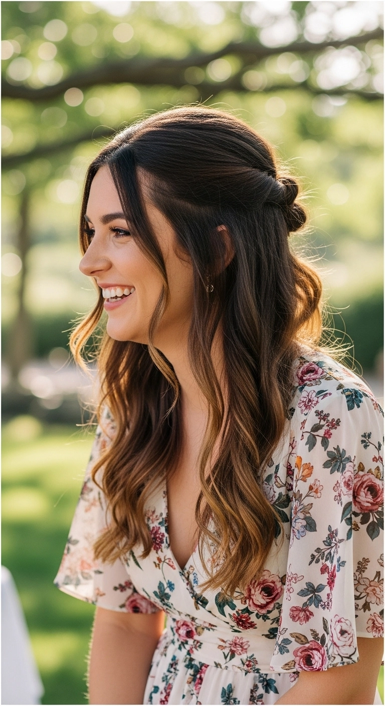 A woman with long wavy brunette hair in a twisted half-up style, wearing a floral gown.