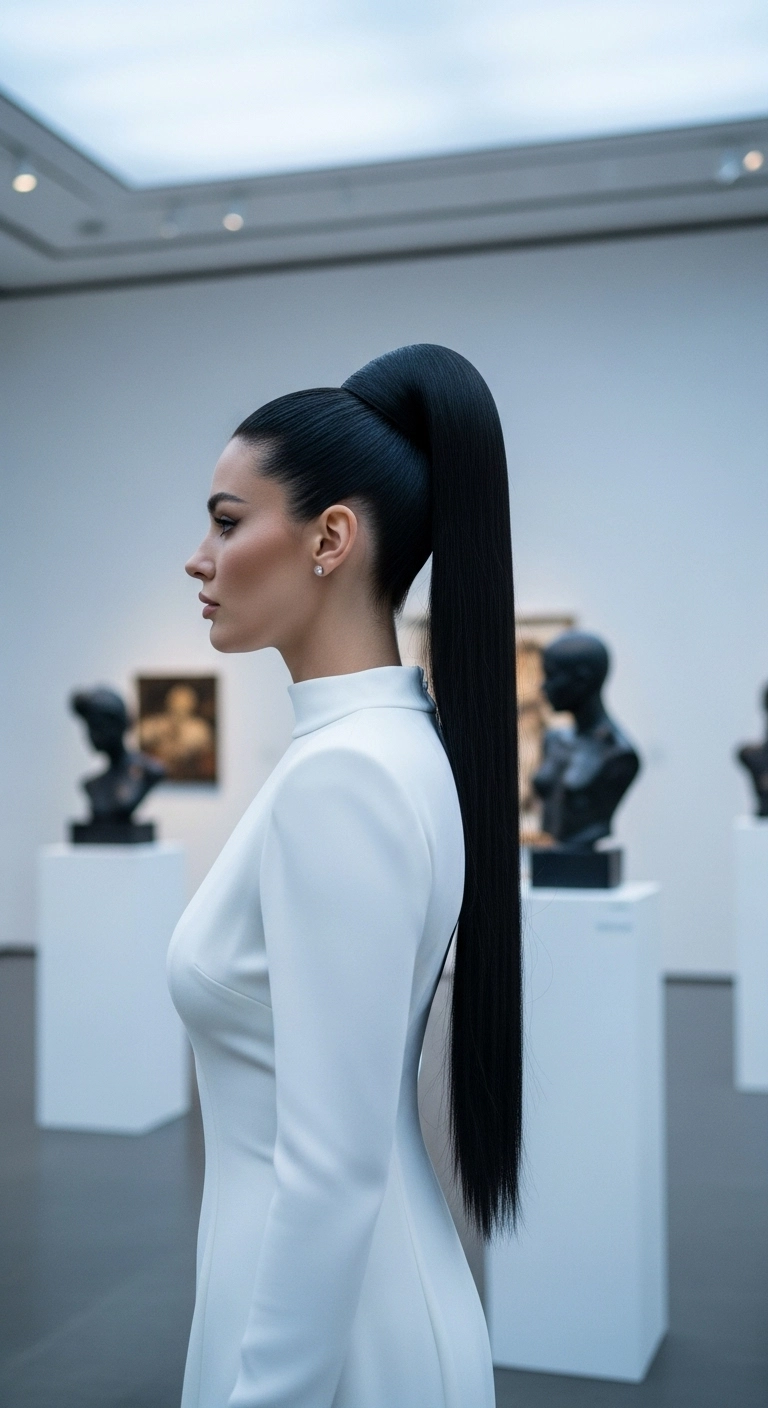 A woman with long black hair in a sleek high ponytail, wearing a modern white gown.