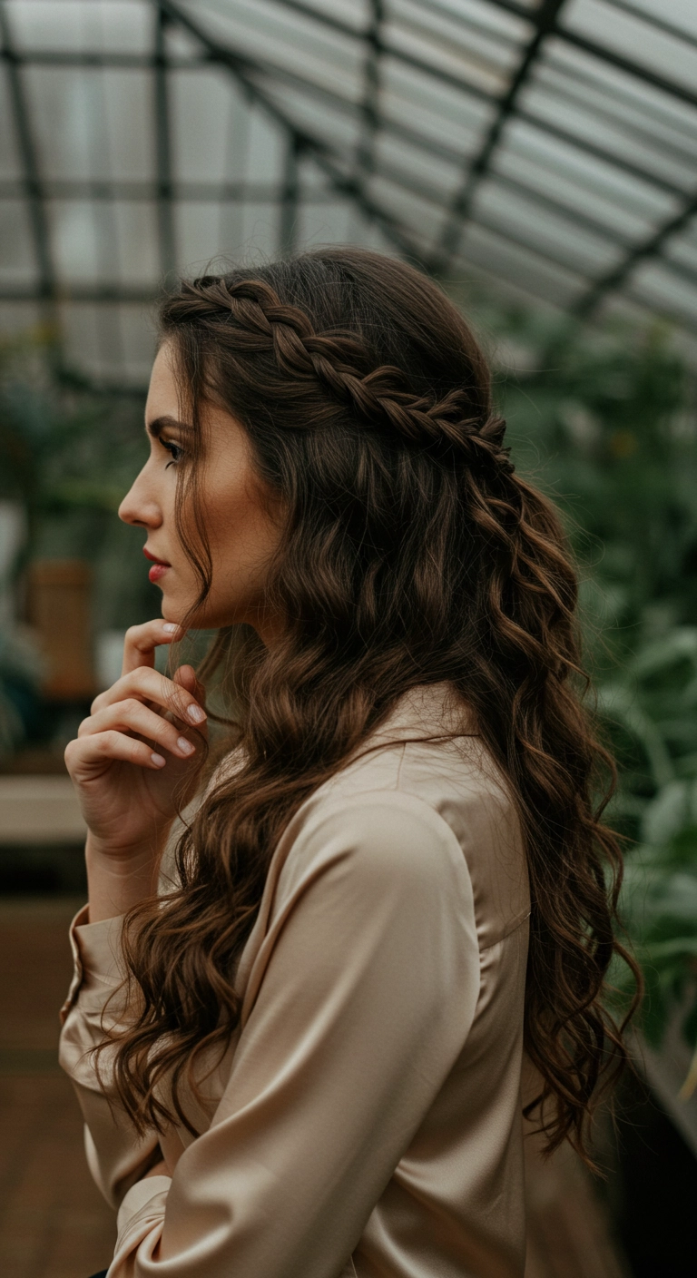 Profile view of a woman with long brunette curls and a beautiful half-up crown braid in a botanical garden.