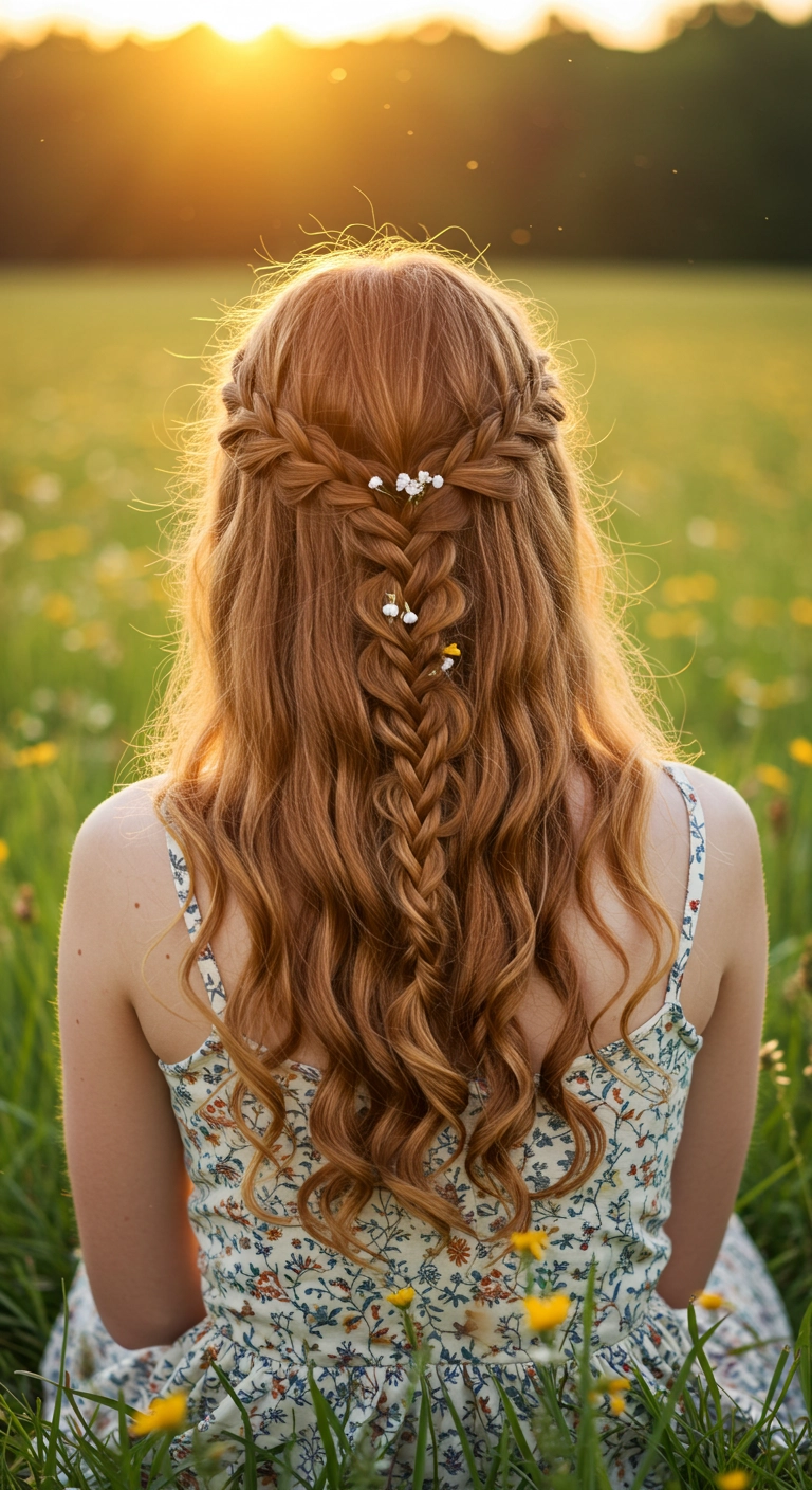 A woman with strawberry-blonde curly hair featuring a beautiful waterfall braid in a field of wildflowers.