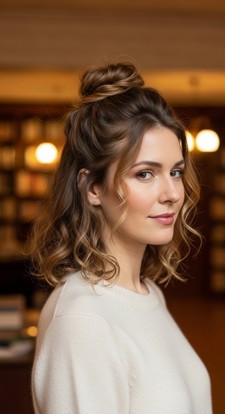 A woman with light brown curly hair styled into a small, elegant half-up twisted bun.
