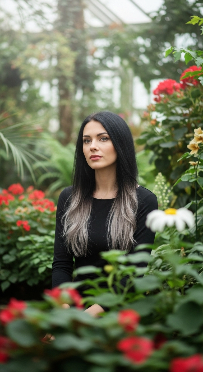 A woman with long jet black hair featuring a very subtle, soft ash brown sombré effect.