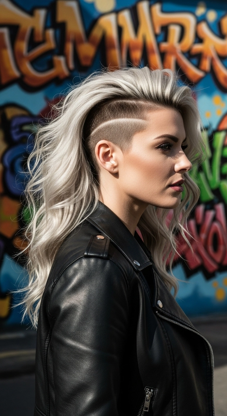 A profile view of a woman with a disconnected undercut featuring long wavy platinum hair on top and dark buzzed sides.
