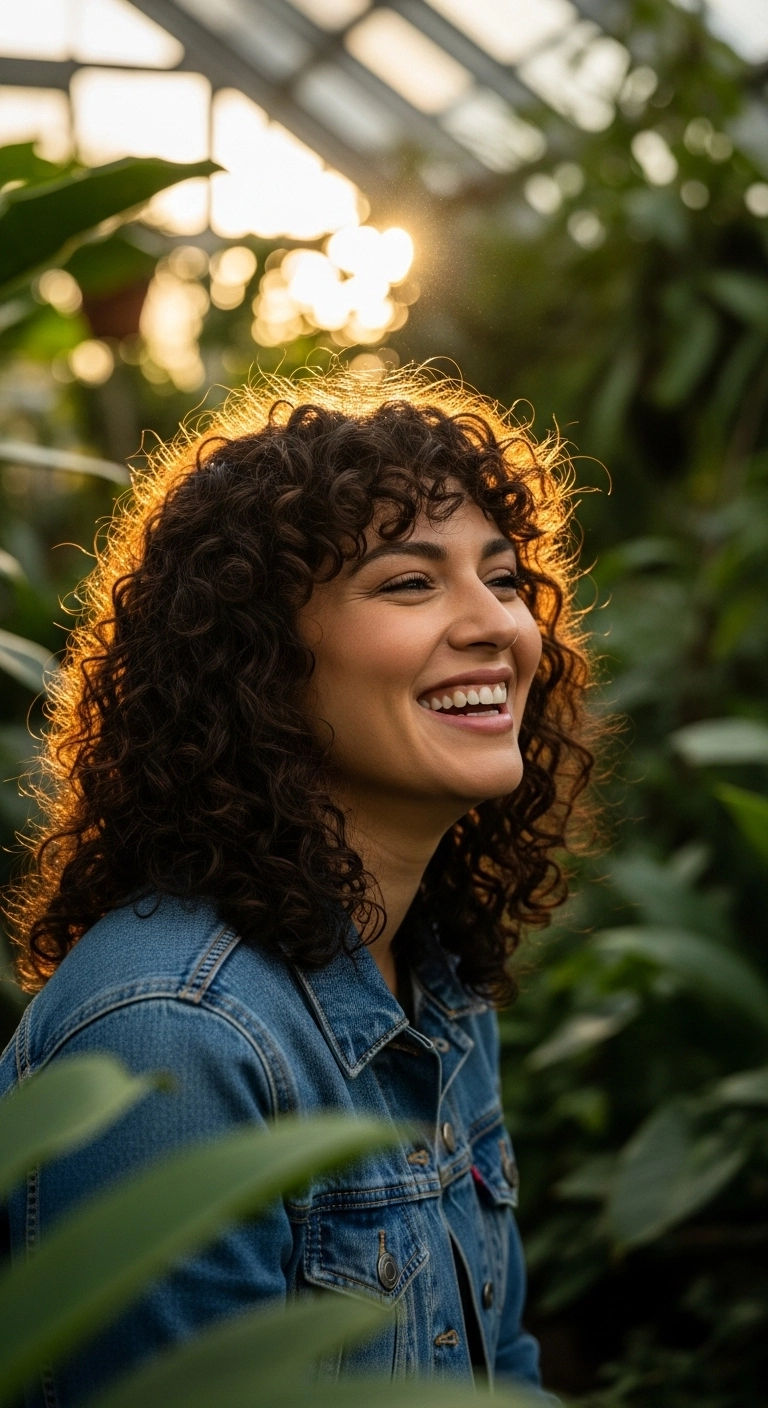 A woman with a curly chocolate brown shag haircut and curtain bangs laughing in a greenhouse.