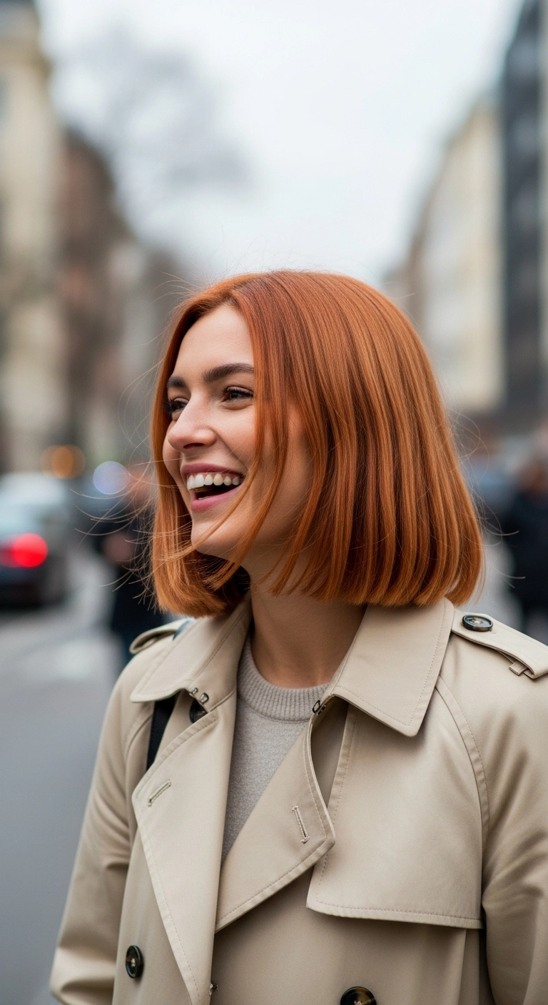 A laughing woman with a stylish, light auburn long bob on a city street.