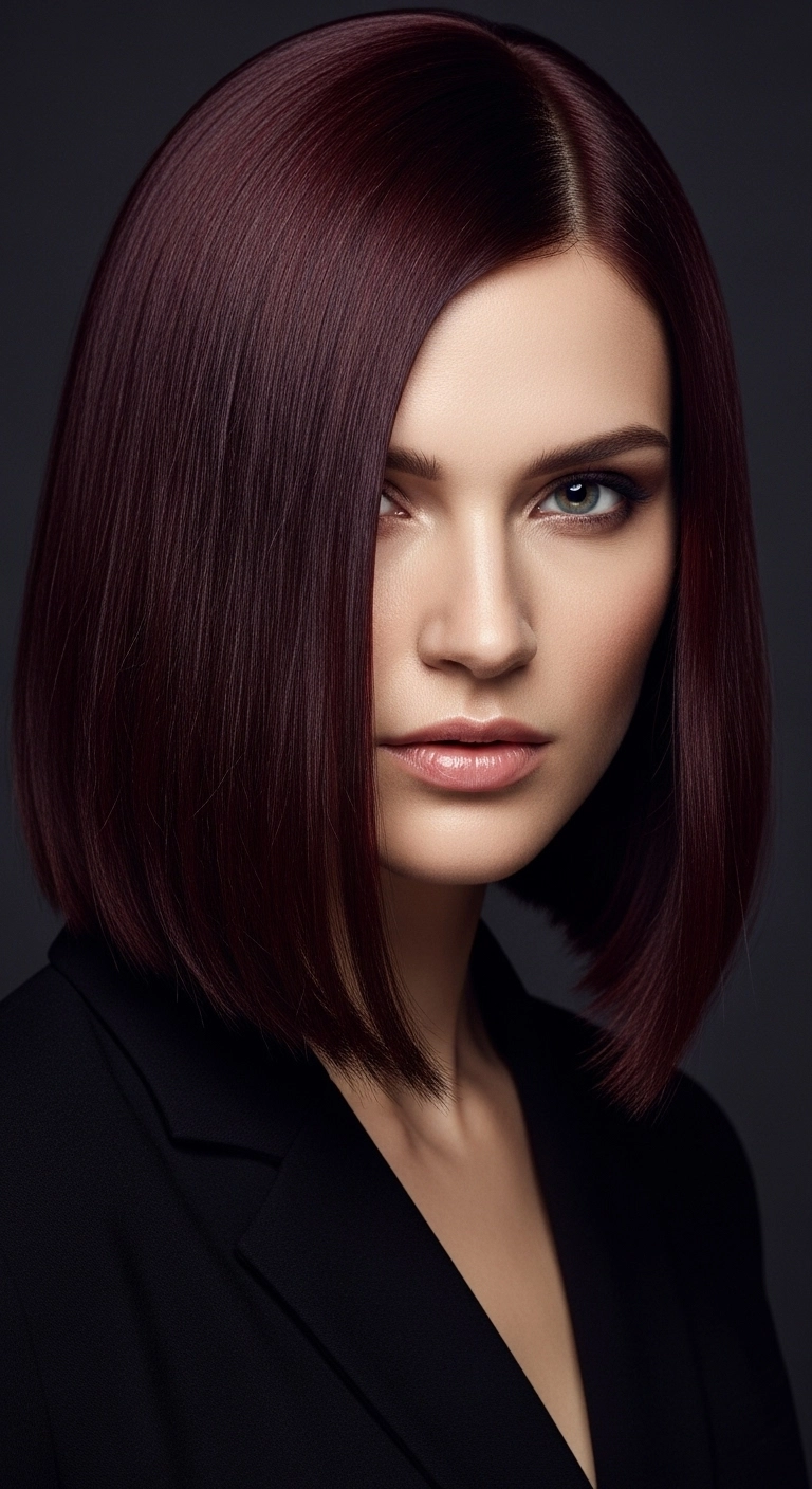 A close-up of a woman with intensely glossy, straight dark auburn hair.