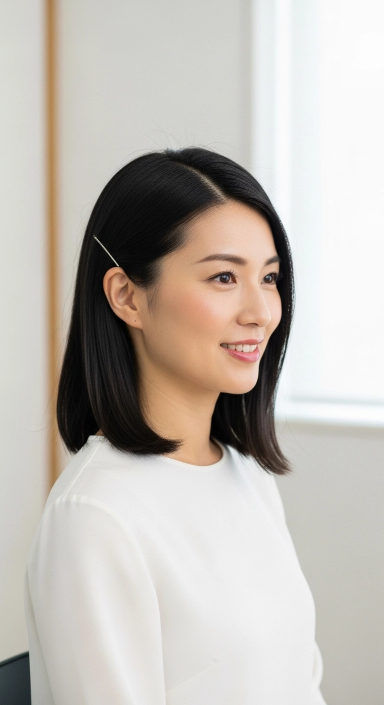 A woman with one side of her straight black hair neatly pinned behind her ear.