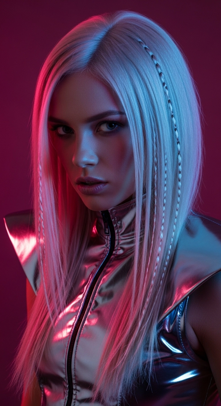 A woman with long platinum hair featuring sections of modern crimped texture.
