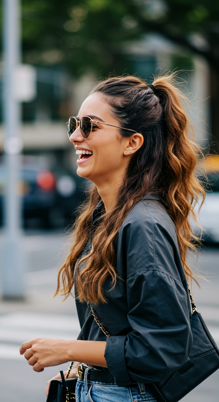 A woman with a chic, high half-up ponytail in her long wavy hair.