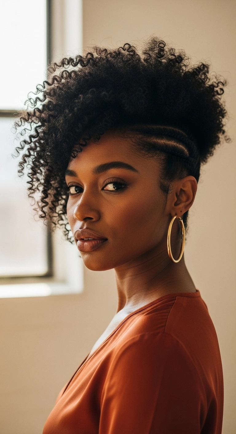 A Black woman with a beautifully shaped, voluminous 4C afro styled with a deep side part.