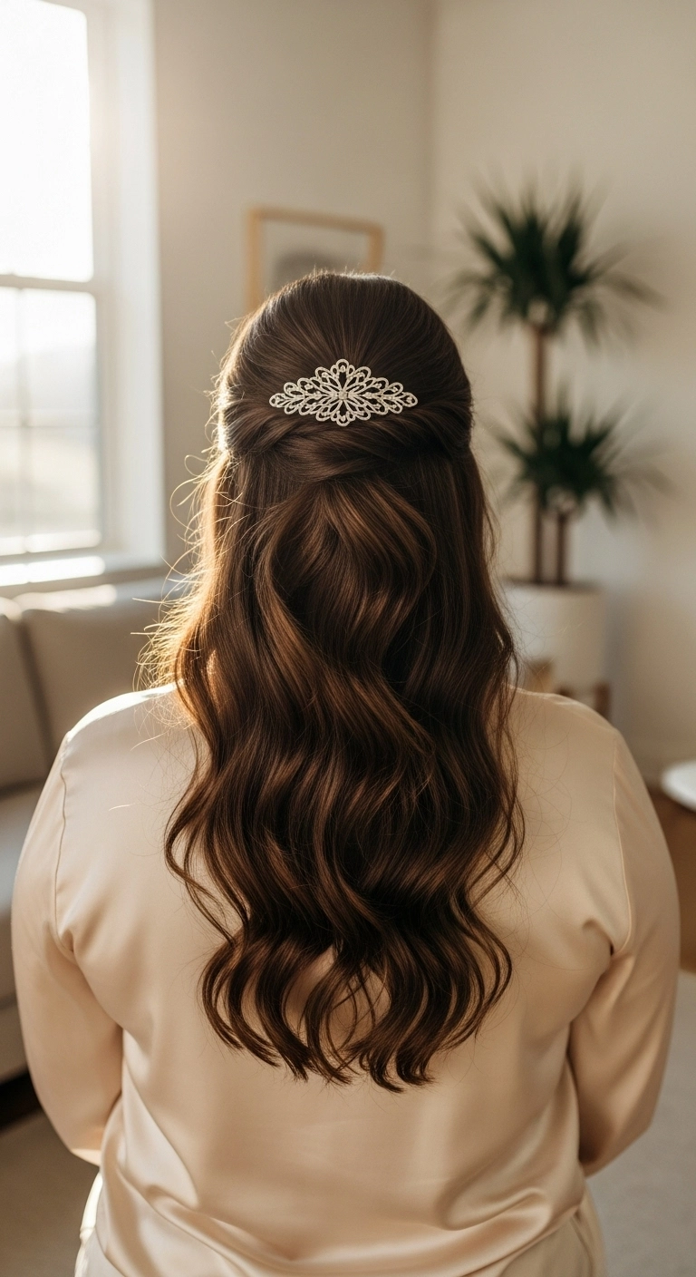 Back view of a plus-size woman with a half-up hairstyle