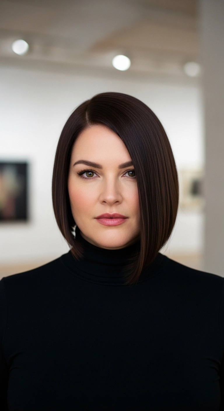 Plus-size woman with a sleek asymmetrical bob