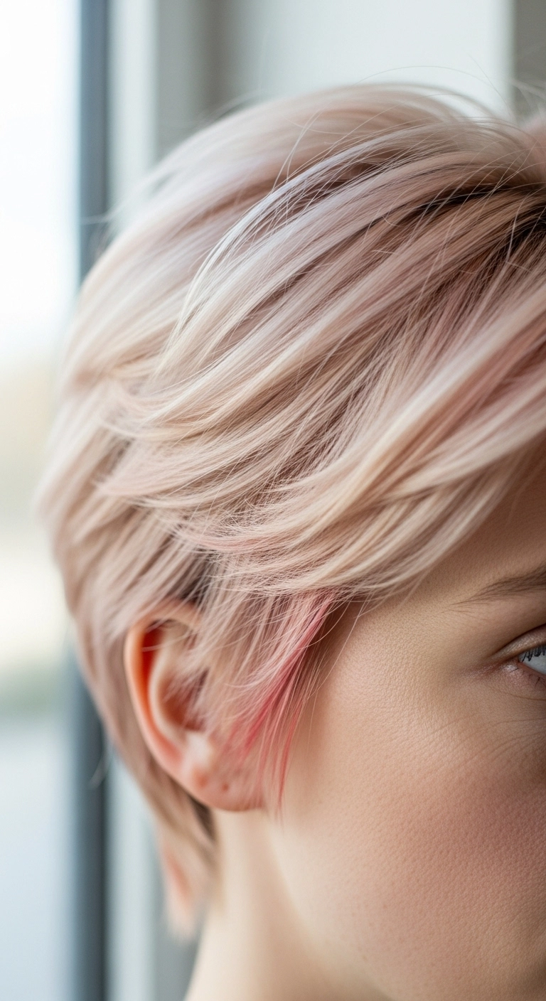 A close-up of a pixie cut in a pale blonde shade with pink and red undertones.