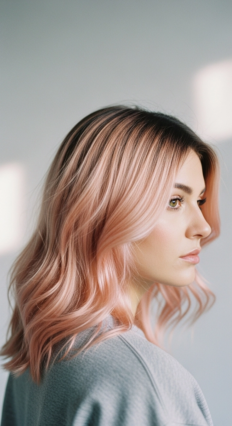 A woman with bright strawberry blonde hair and a contrasting dark shadow root.