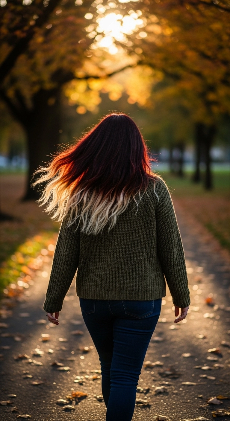 A woman with dark red hair revealing hidden blonde peekaboo highlights as the wind blows.