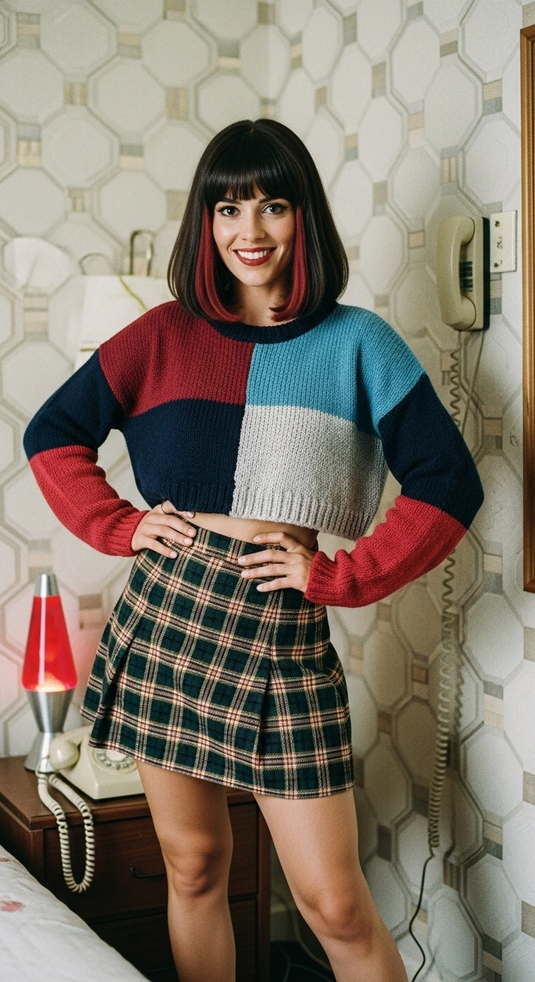 Dark brown hair with bold, 90s-inspired chunky highlights in a deep burgundy shade.