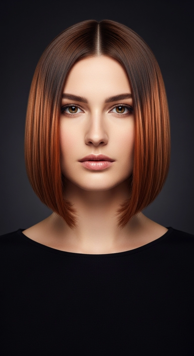 A woman with sleek chestnut brown hair featuring a bold, face-framing fiery copper money piece hairstyle.