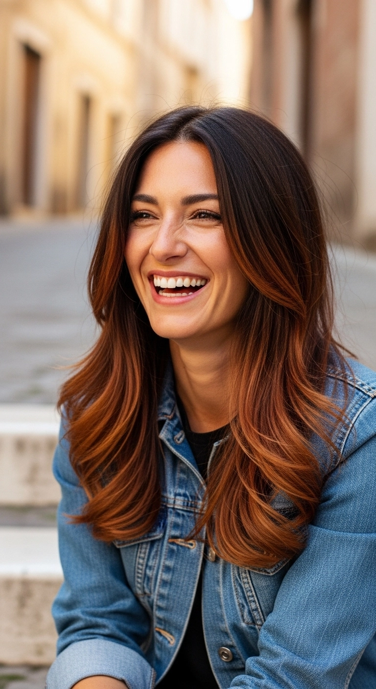 Long walnut brown hair with a very soft and subtle sombré (soft ombré) blending into a warm burnt sienna color.