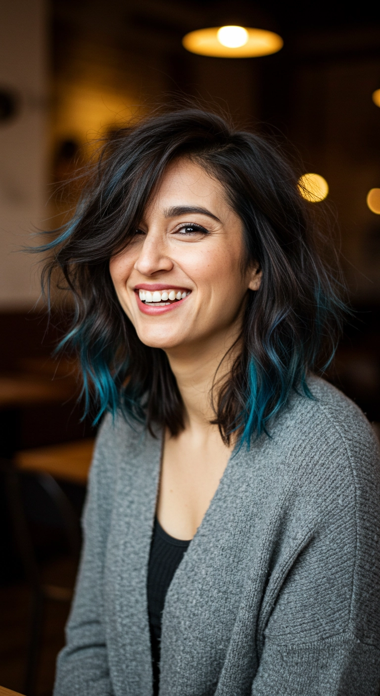 A woman with long dark brown shaggy hair and blue peekaboo highlights revealed as her hair moves.