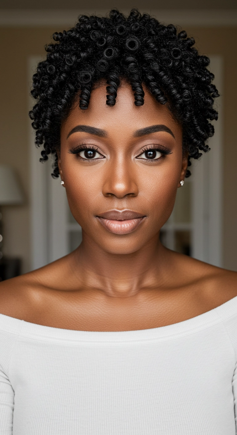 Close-up of a woman's short 4c hair styled into perfect, glossy finger coils.