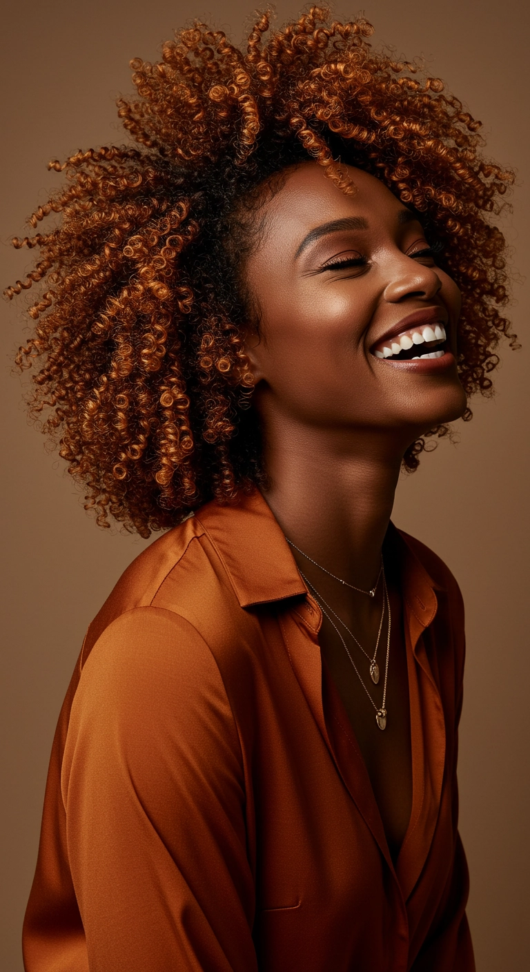 A joyful Black woman with a short 4c Teeny Weeny Afro dyed a vibrant golden copper color.