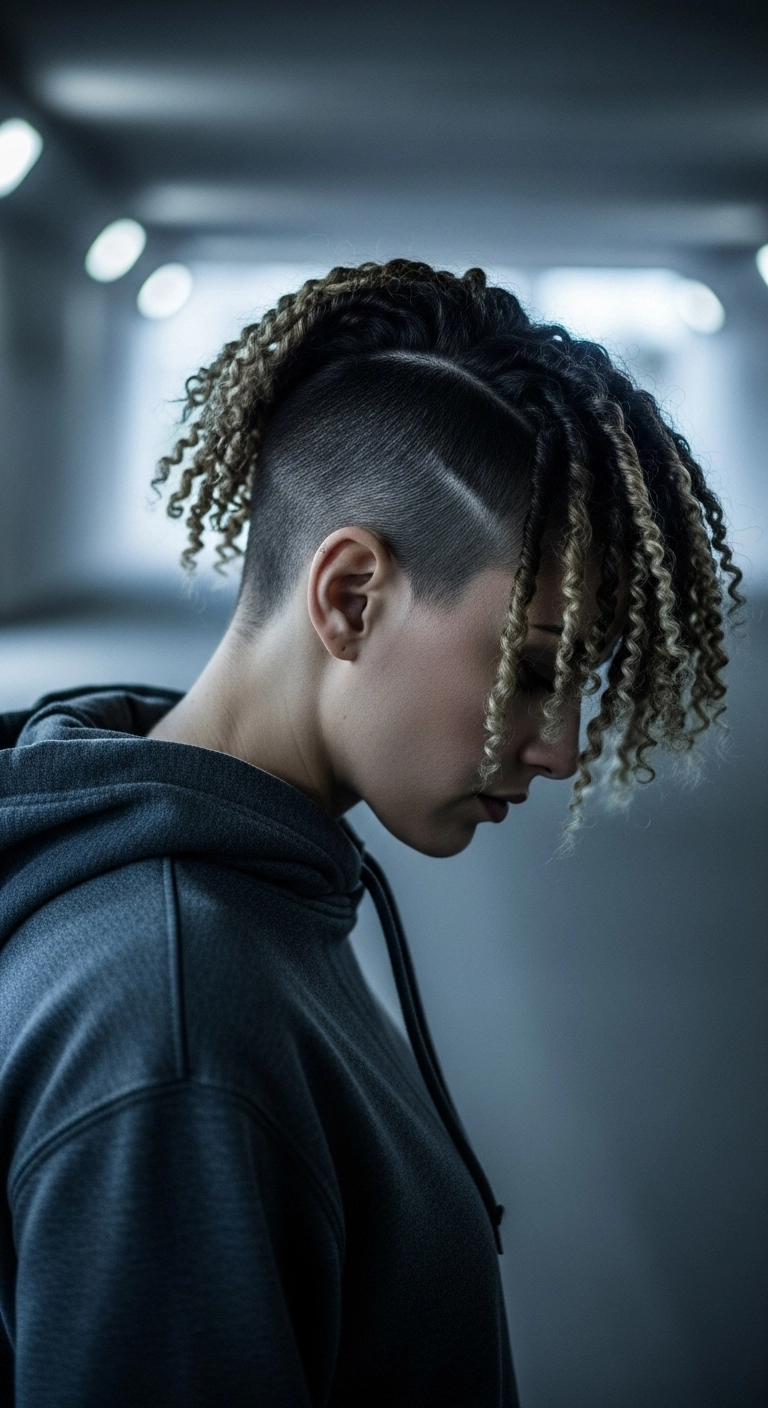 A woman with an undercut and longer 4c hair on top styled as coily bangs.