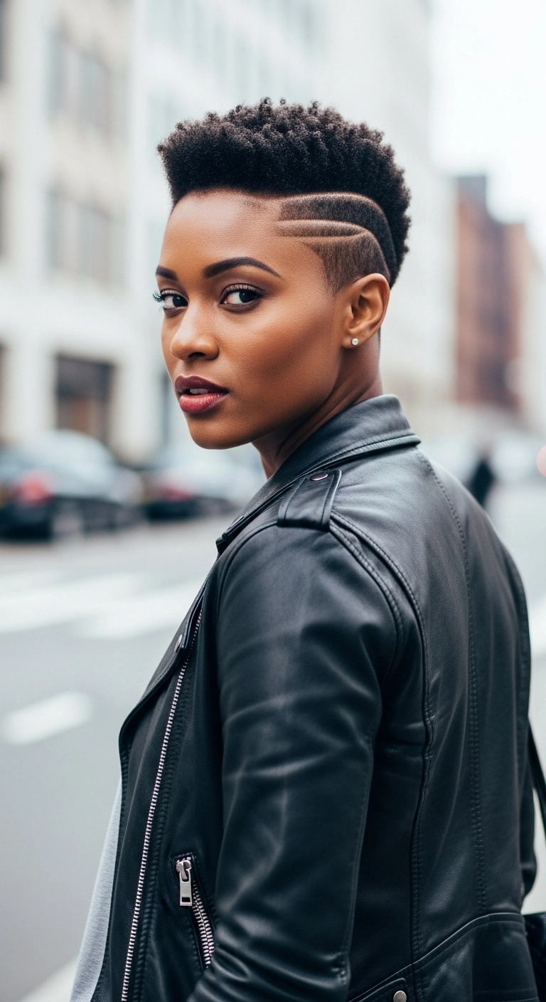 A stylish Black woman with a tapered 4c haircut and a clean, shaved side part.