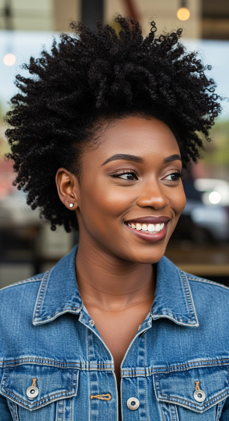 A short 4c haircut with high-faded sides and a voluminous coily top.