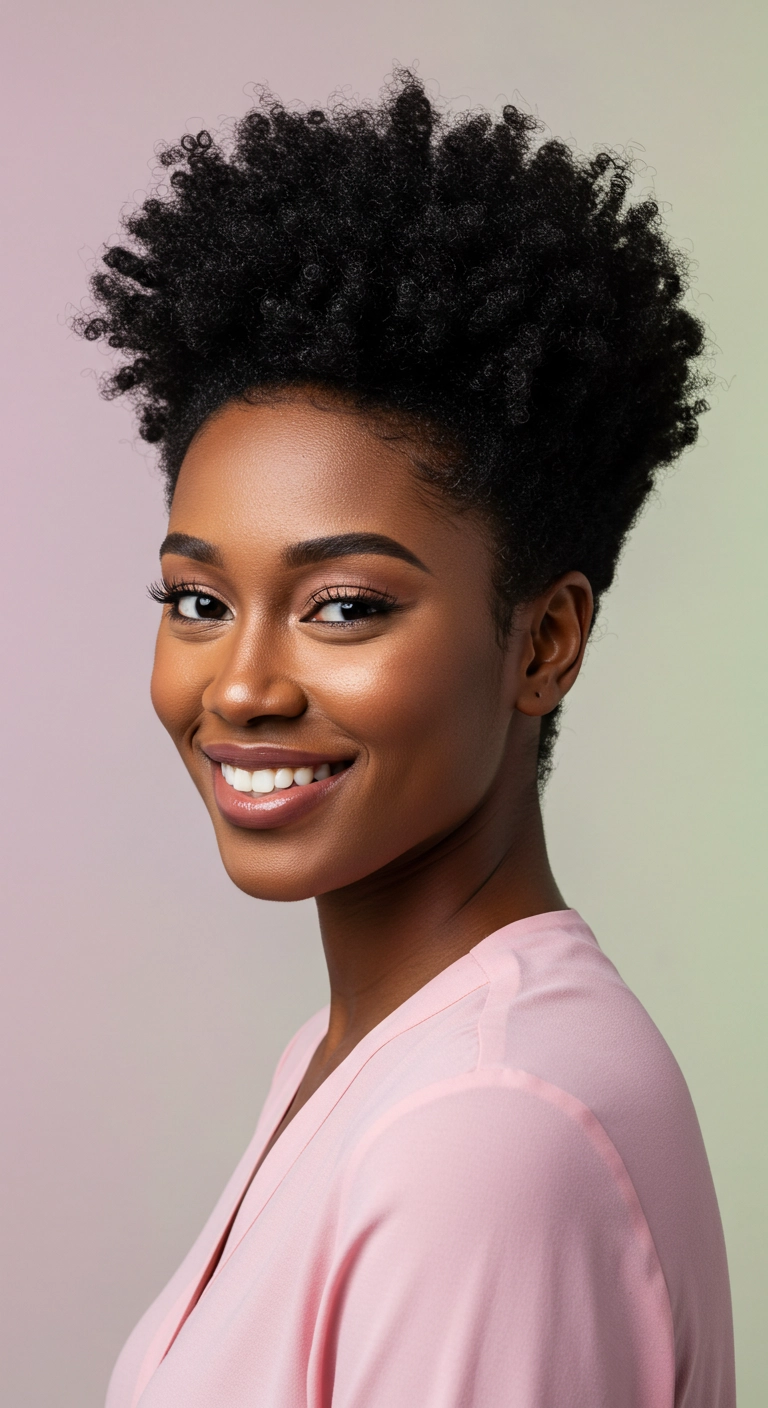 A woman with her short 4c afro cut into a cute heart shape.