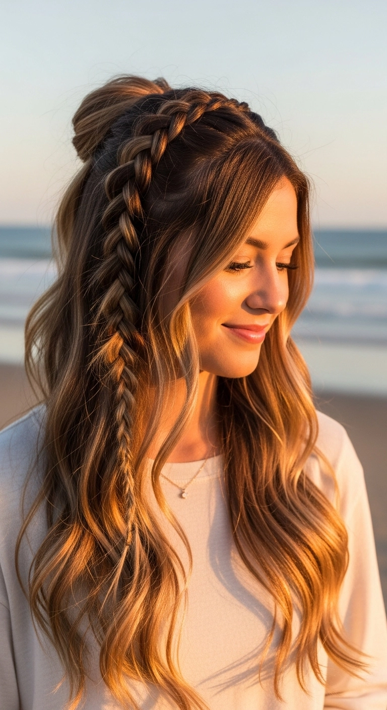 A half-up hairstyle with a side part and two parallel Dutch braids on a woman with balayage hair.